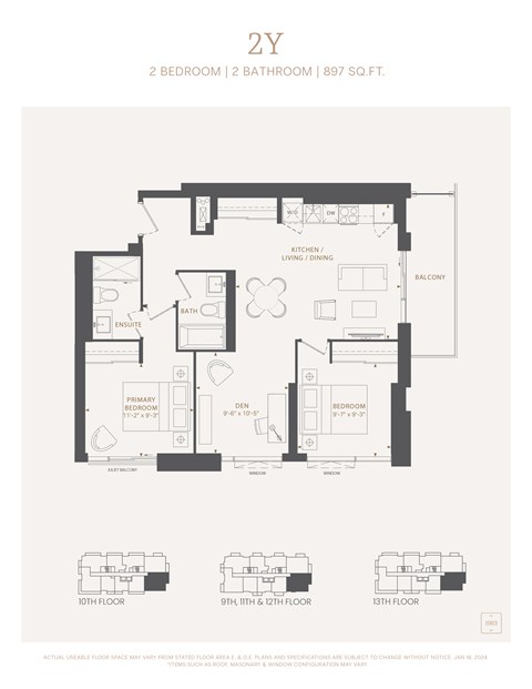 Floor plan for 2 beds, 2 baths, 897 sqft